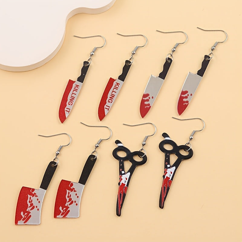 4 Pairs Halloween Blood Red Knife Earrings - Edgy Gothic Piercing looks, Lightweight Acrylic Statement Jewelry for Women, Halloween Party Costume Accessories, Everyday Goth Piercings - Gift for Horror Fans, Halloween Decorati