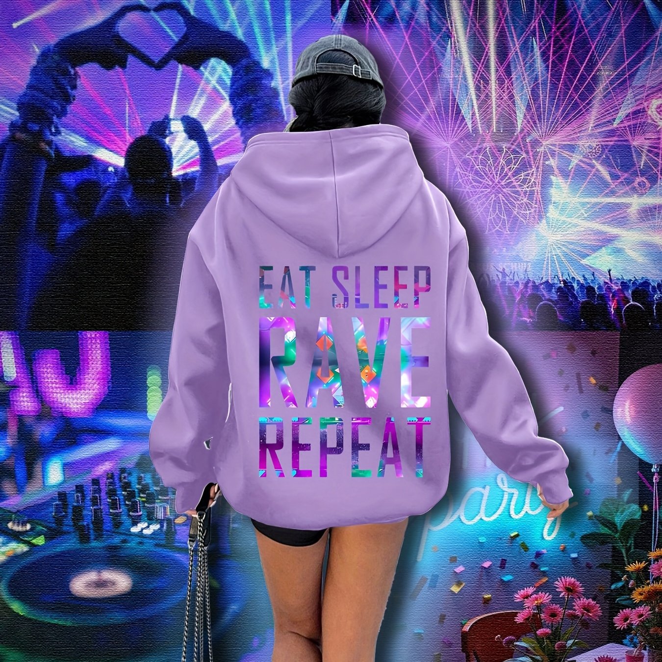 Plus Size, Women's Plus Size "EAT SLEEP RAVE REPEAT" Graphic Hoodie - Music Festival Print with Colorful Lights & DJ Design, Cozy Drawstring Hooded Sweatshirt for Winter & Autumn, Machine Washable Casual Pullover