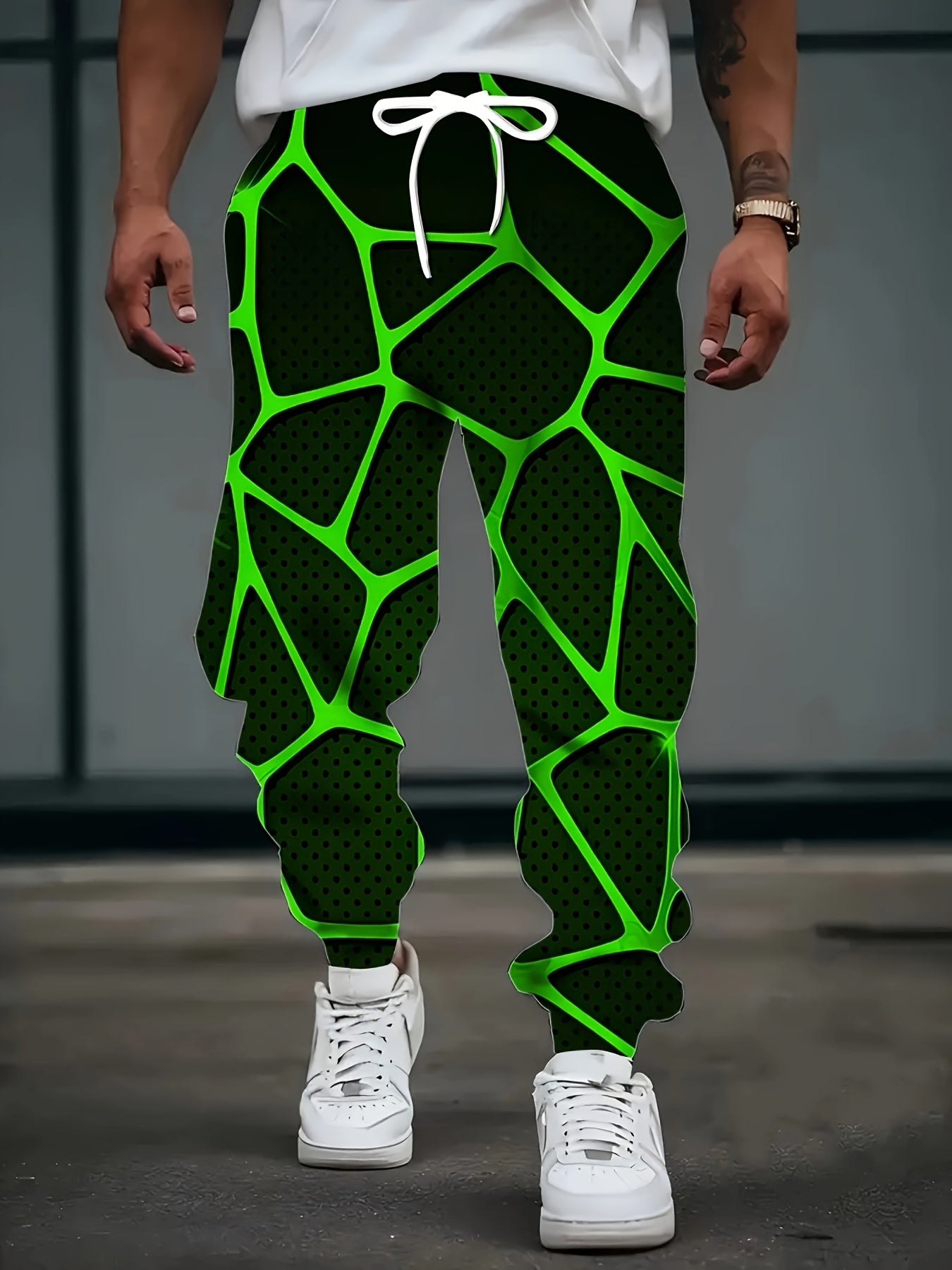 Men'S 3D Geometric Abstract Print Joggers with Drawstring Waist & Pockets - Vibrant Neon Green & Black Design, Comfortable Casual Sweatpants for Home & Leisure, Jogging Pants, Leisure Wear, Modern Streetwear, Durable Fabric