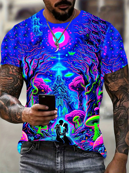 Men's 3D Printed Geometric Cosmic Scene Casual T-Shirt - Vibrant Neon Colors, Machine Washable Crew Neck Short Sleeve Top for Summer Outdoor Activities, Artistic Back Design