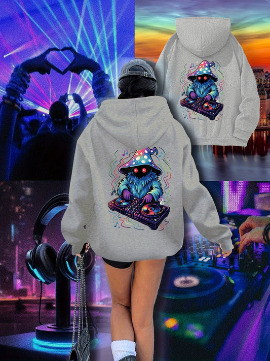 Women's Neon DJ Graphic Hoodie - Music Festival Sweatshirt with Back Print, Pullover Hooded Sweatshirt for Raves, Concerts, Winter Parties - Machine Washable Cold Weather Clothing, Comfortable Drawstring Hood, Rave Outfit, St