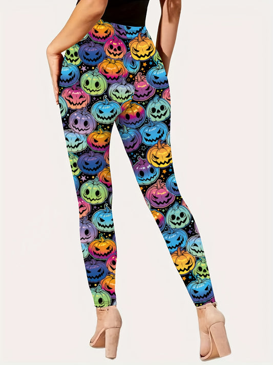 Women's Halloween Pants - Stretchy Leggings with Jack-O'-Lantern Print, Non-See-Through Fabric for Costume Parties, Everyday & Themed Events - Machine Washable Tight-Fit Bottoms, Seasonal Fashion, Vibrant Design, Durable Mate
