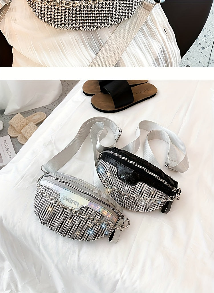 Shining Rhinestone Waist Bag, Bling-Bling belt bag for Women, Trendy Chain Decor Crossbody Chest Bag Bum Bag belt bag