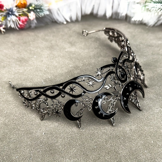 Adjustable Black Gothic Moon Crown Tiara - Celestial Resin Headpiece with Crescent Moon & Star Design for Halloween, Cosplay, and Night Parties, Halloween Costumes