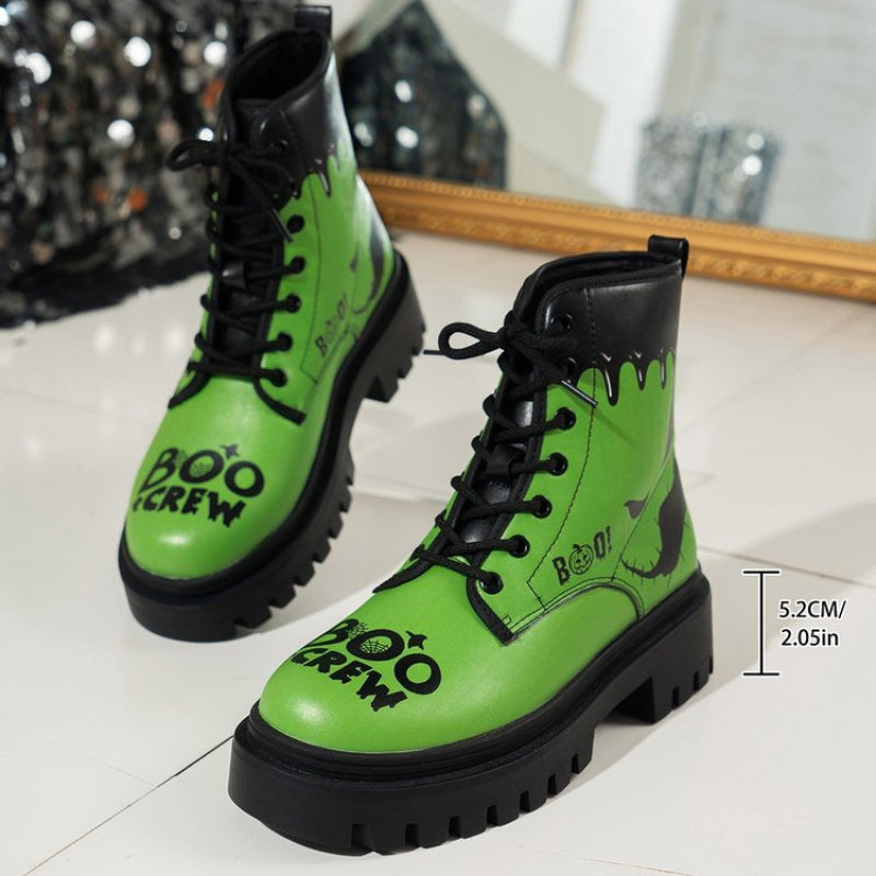 Trendy Plus Size Women's Halloween Print Lace-Up Boots - Thick Low Heel Round Toe PU Cover Short Boots with Rubber Sole, All-Season Comfort for Casual & Festive Occasions