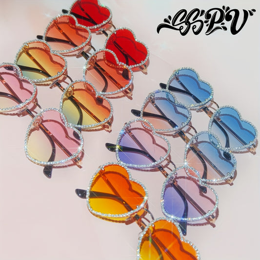SSPV Rhinestone Heart Fashion Glasses - Sparkling Love-Shaped Shades in Multiple Colors, Glittery Gradient Lenses with Black Frames, Perfect for Festivals, Parties & Fashion Accessories, Party Eyewear, Rhinestone Embellishmen