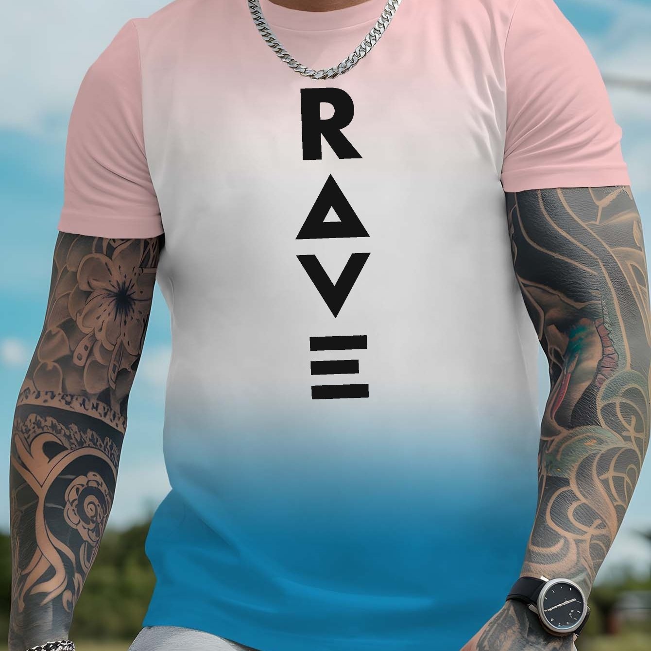 Men's Gradient Rave Graphic T-Shirt - Ice Silky Breathable, Quick-Dry, Round Neck, Short Sleeve, Casual Summer Tee in Vibrant Orange to Black Ombre Design