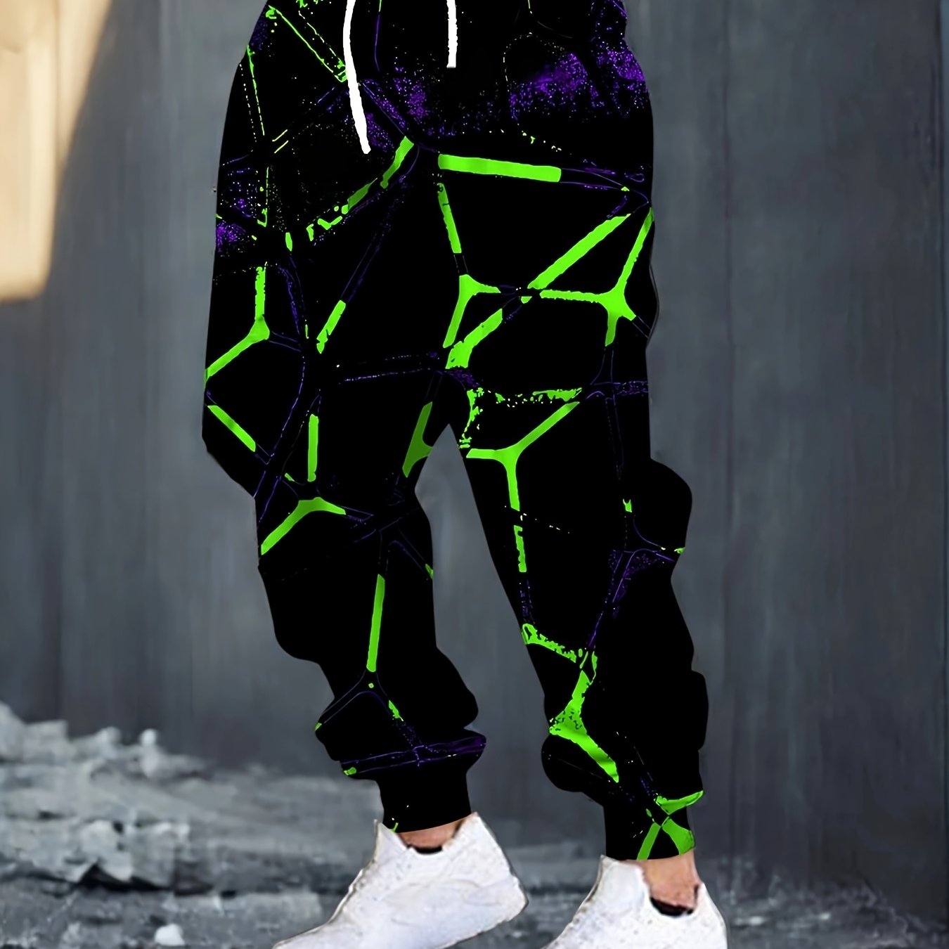 Men's 3D Neon Green Print Joggers - Black Casual Pants with Adjustable Drawstring Waist & Pockets, Regular Fit for Lounge, Gym, Casual Attire - Machine Washable, Adjustable Joggers | Trendy Joggers | Comfortable Fit