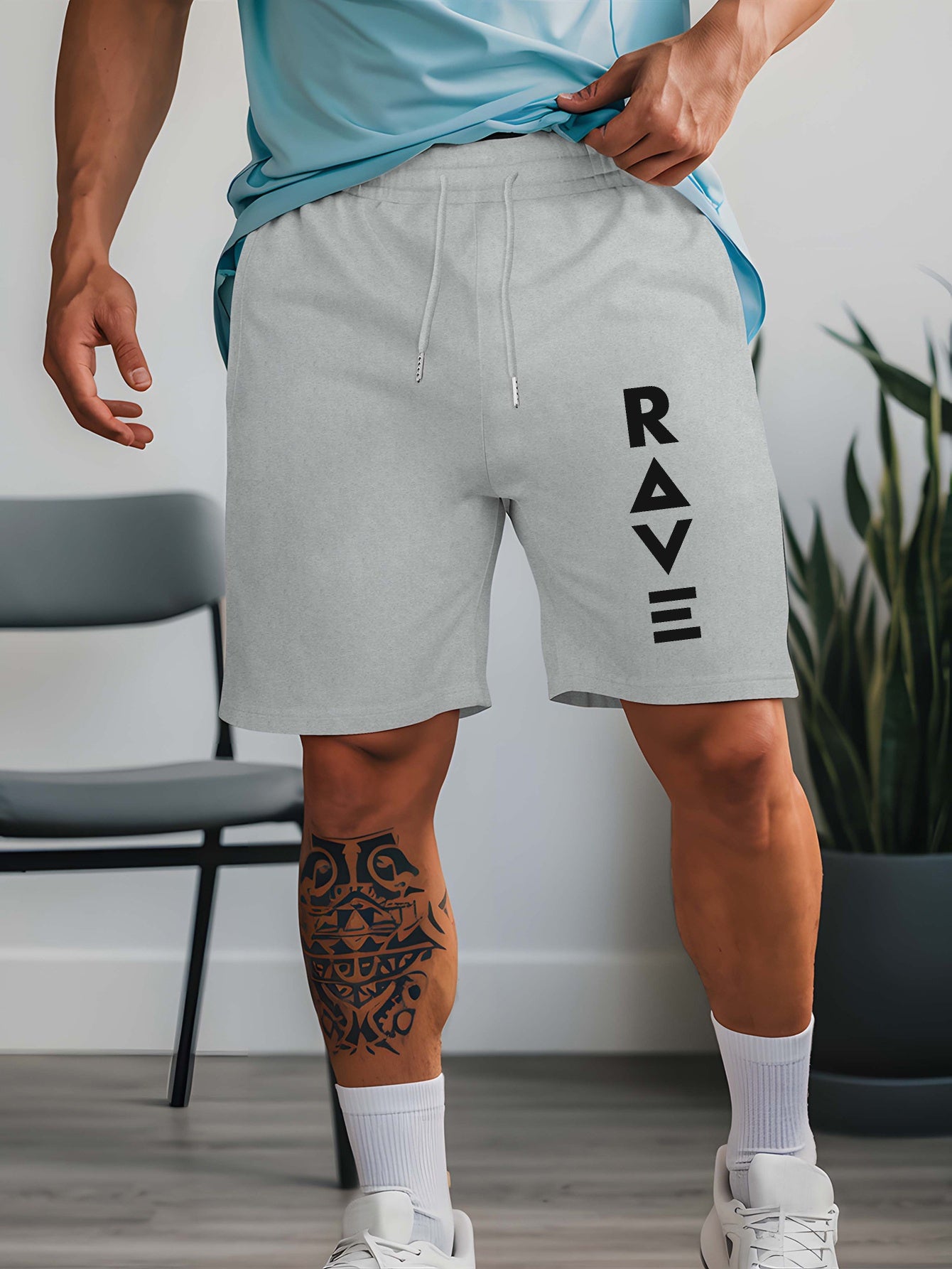 R V New Men's Summer Casual Shorts with RAVE Letter Print - Light Grey Regular Fit Outdoor Sports & Beach Vacation Shorts, American Fashion Trendy Lightweight Comfortable Design, Beach Vacation Apparel | Fashionable Casualwea