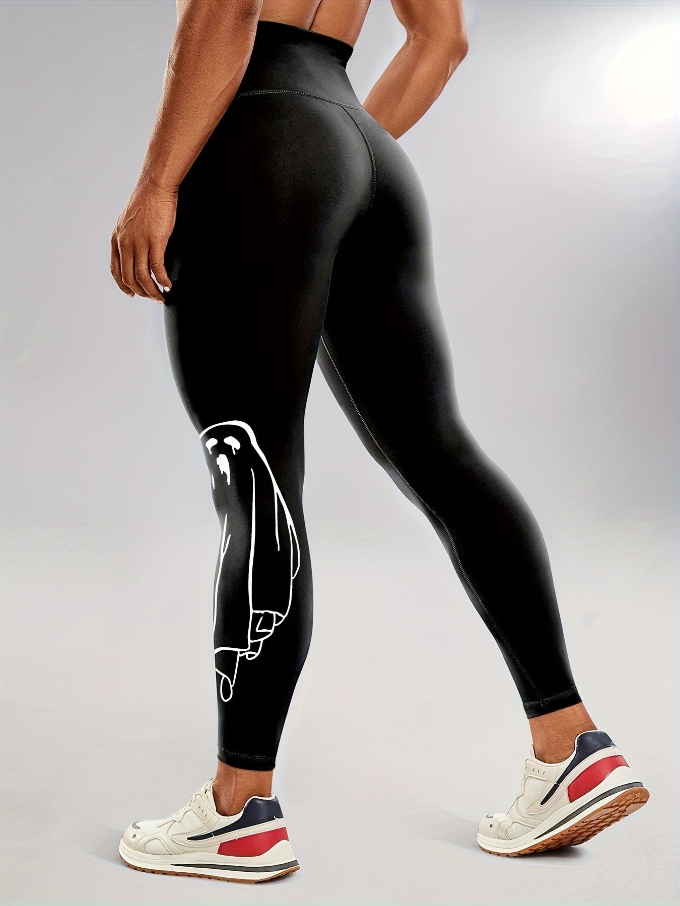 Women'S High-Waisted Stretchy Fitness Leggings with Glow-in-the-Dark Skull Print - Black, Elastic Waistband, Long Length for Running, Yoga & Halloween Party Wear, Yoga Pants, Halloween Leggings, Bold Graphic Pants, Highelasti