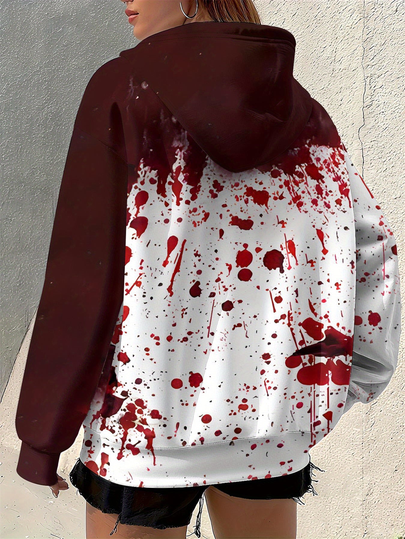 Women's Gothic Horror Jacket - Two-Tone Red Blood Splatter Hooded Zipper Coat, Halloween Costume Outerwear, Machine Washable Party Jacket for Themed Events & Casual Attire, Casual Streetwear, Edgy Fashion, Comfortable Fit, St