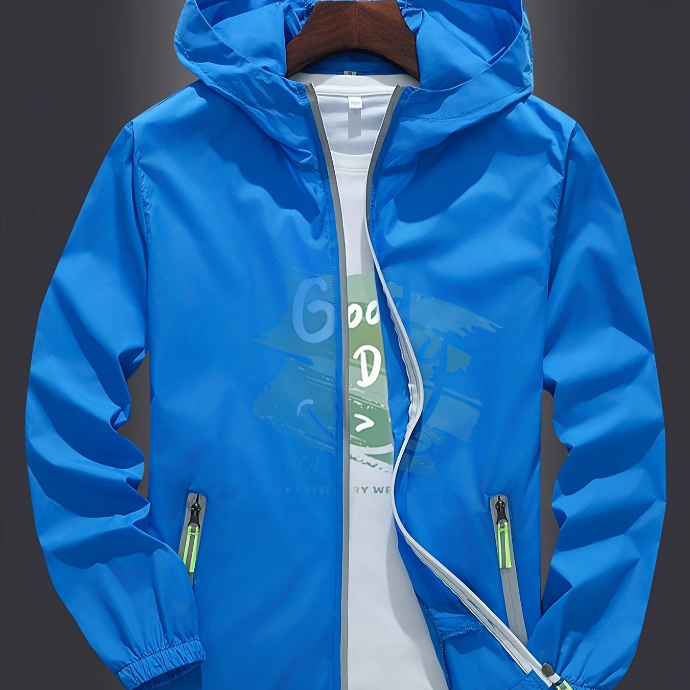 Men's Zip-Up Hooded Jacket - Breathable Reflective Outerwear for Gym, Cycling, Hiking & Beach Use - Lightweight Spring/Summer/Autumn Outdoor Wear with Zippered Storage Design. High-Quality Unisex Hoodie Perfect for Water Spor