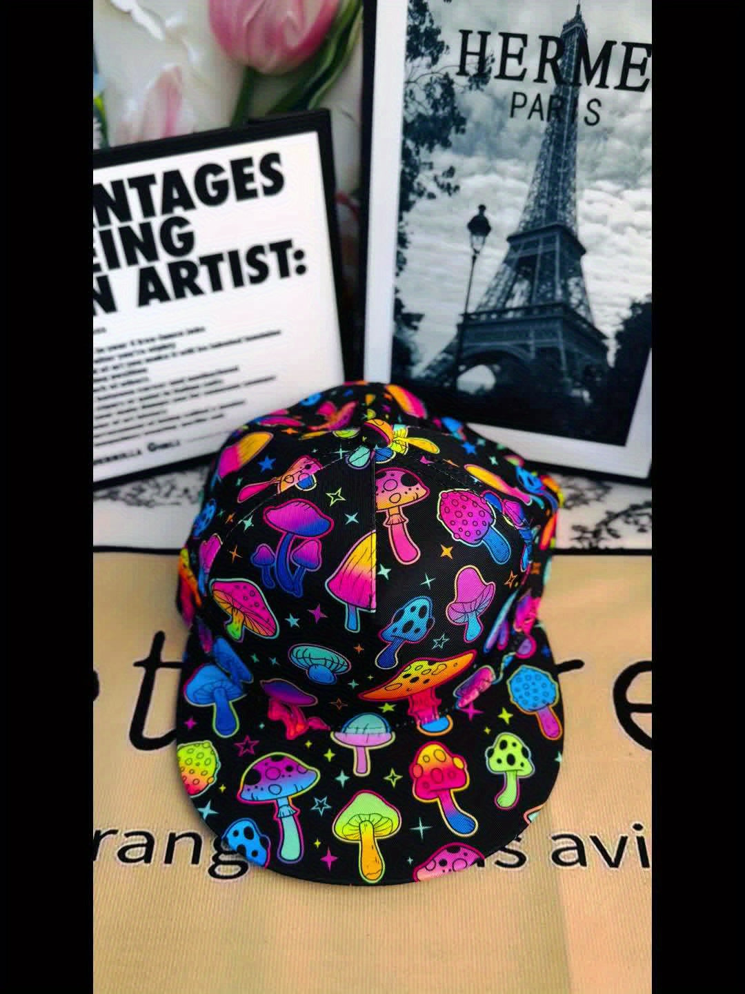 Vibrant Neon Mushroom Snapback Cap - Adjustable Flat Brim Hat, Hip-Hop Street Style, Colorful Design with Glowing Stars & Mushrooms, Perfect Gift for Men, Women, and Teens, Casual Headwear | Playful Design | Lightweight Hat,