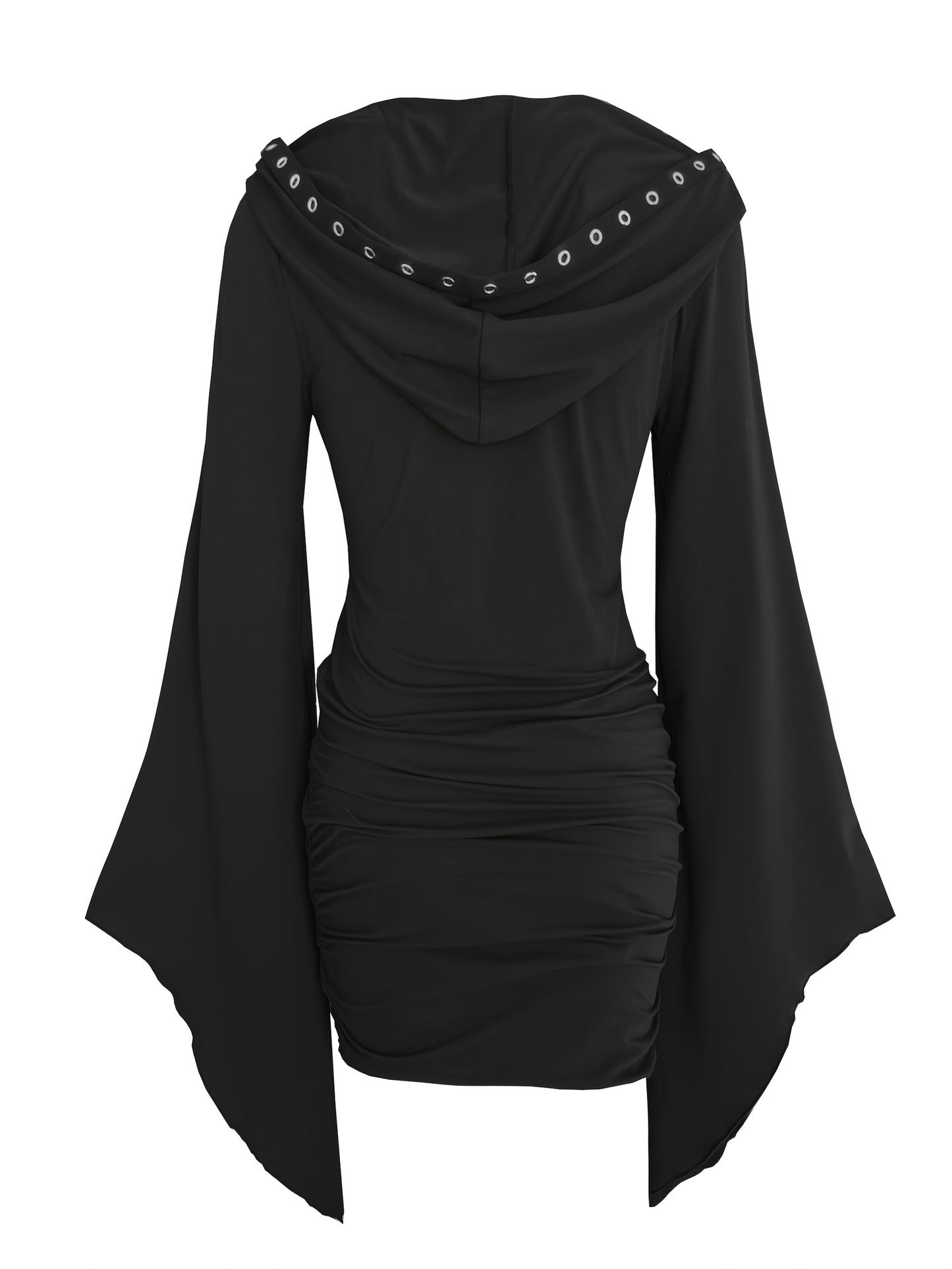Gothic Women'S Hooded Batwing Sleeve Bodycon Dress with Punk Metal Decorative Hat - V-Neck, Long Sleeve, Knee-Length Halloween Costume for Adults, Black, Halloween Attire | Edgy Fashion | Glossy Finish, Halloween Costumes