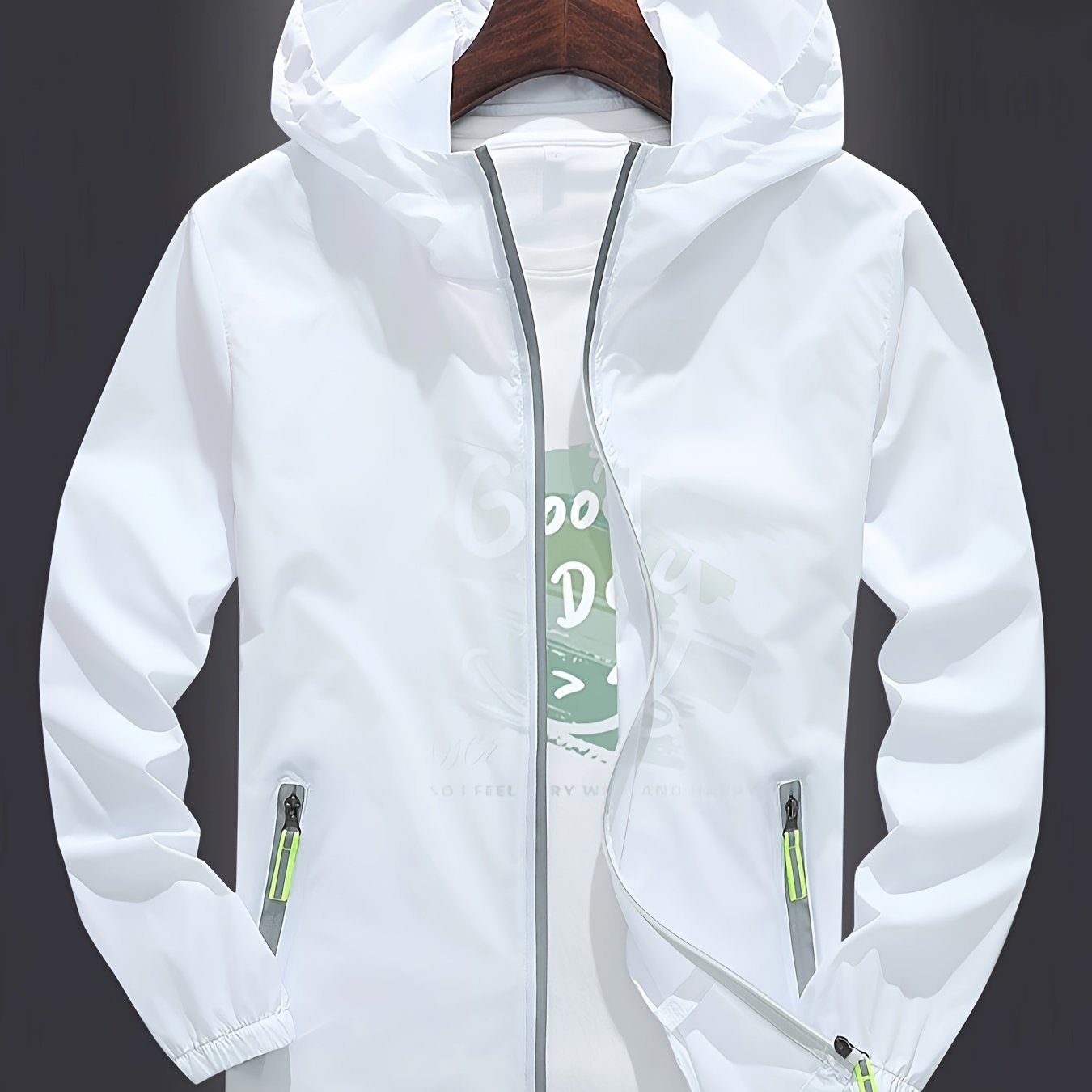 Men's Zip-Up Hooded Jacket - Breathable Reflective Outerwear for Gym, Cycling, Hiking & Beach Use - Lightweight Spring/Summer/Autumn Outdoor Wear with Zippered Storage Design. High-Quality Unisex Hoodie Perfect for Water Spor