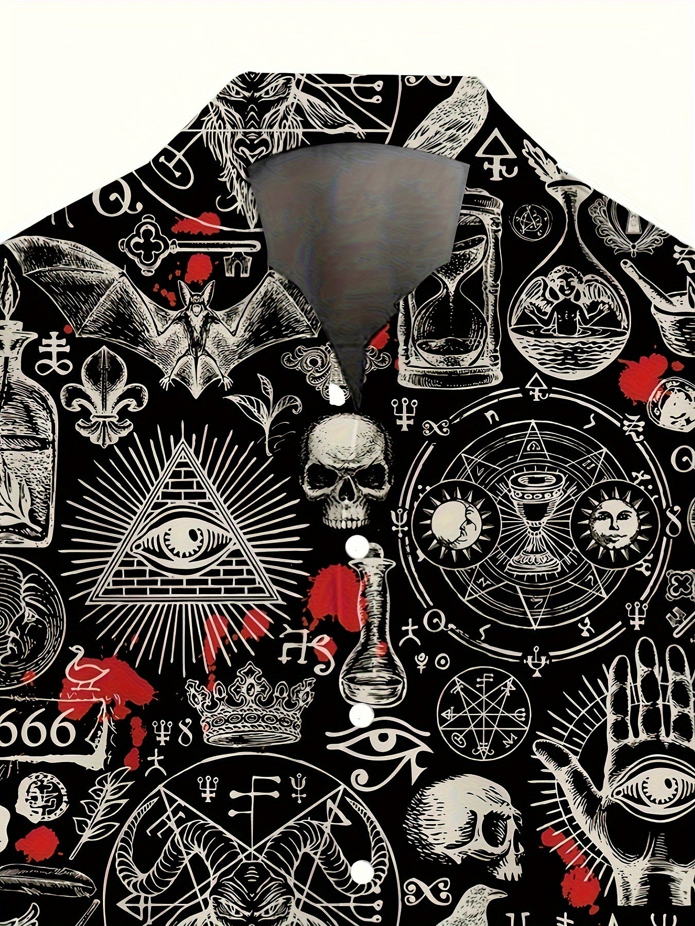Men's Vintage Skull & Bat Print Short Sleeve Button-Up Shirt - Casual Polyester, Machine Washable - Perfect for Streetwear & Holidays, Novelty Fashion Top
