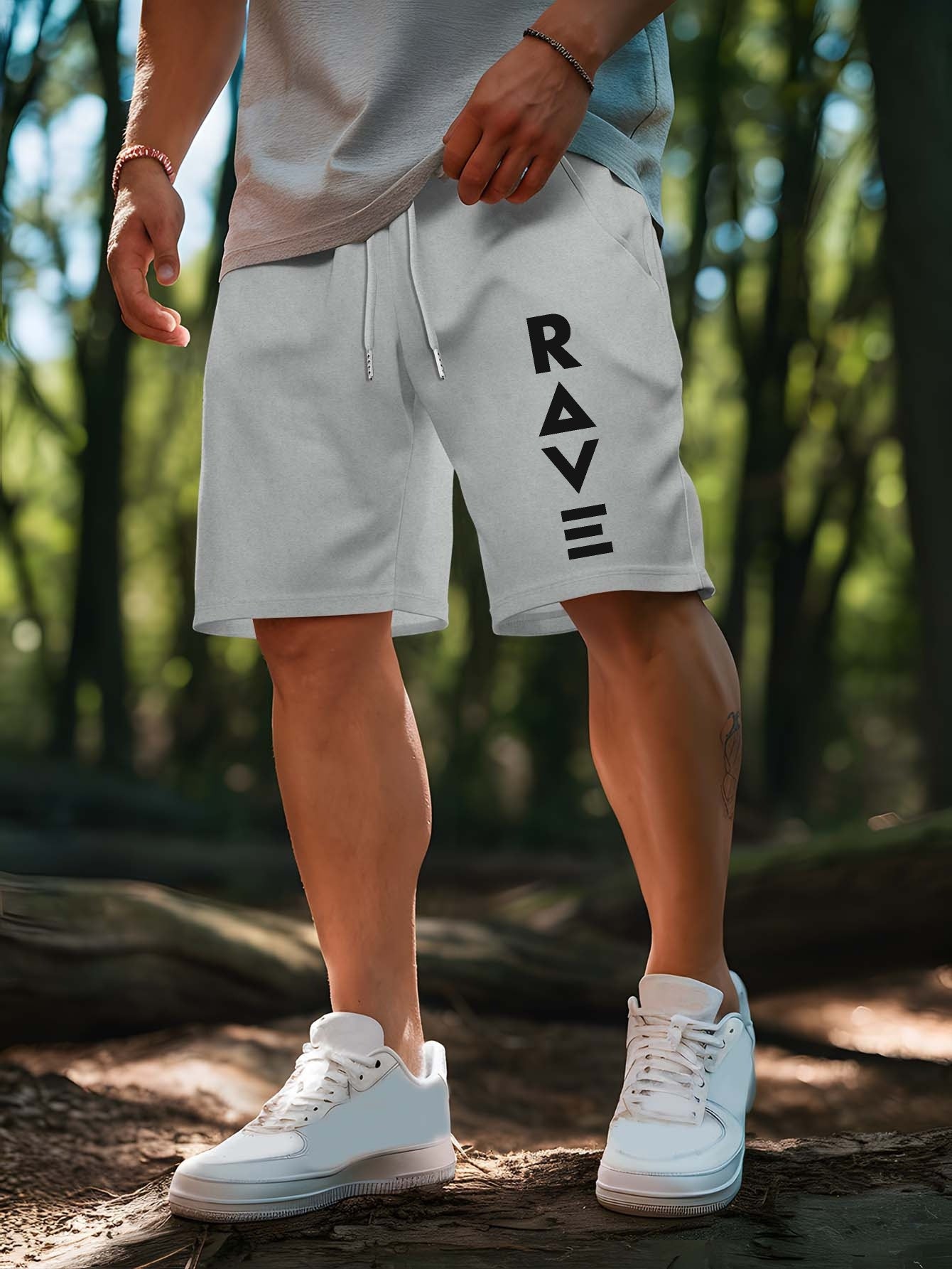 R V New Men's Summer Casual Shorts with RAVE Letter Print - Light Grey Regular Fit Outdoor Sports & Beach Vacation Shorts, American Fashion Trendy Lightweight Comfortable Design, Beach Vacation Apparel | Fashionable Casualwea