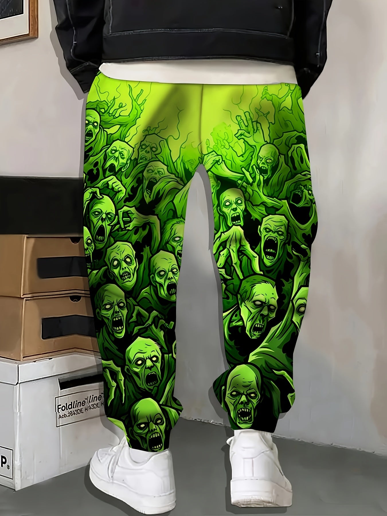 Men's 3D Zombie Horde Print Joggers - Neon Green Casual Pants with Drawstring Waist & Pockets, Full-Body Graphic Design, Regular Fit for Lounge, Gym, or Streetwear - Machine Washable, Jogging Pants, Adjustable Comfort Fit