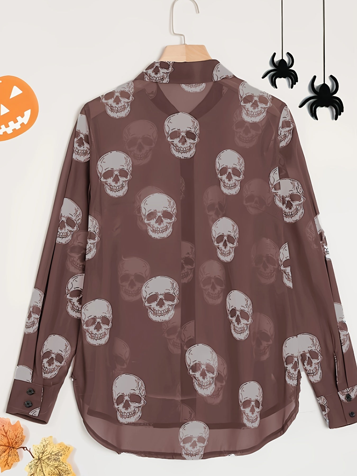 Women'S Elegant Halloween Skull Print Shirt, 100% Polyester Linen Blend, All-Season Lapel Collar, Woven Fabric, 180gsm - Adult Fashion Top