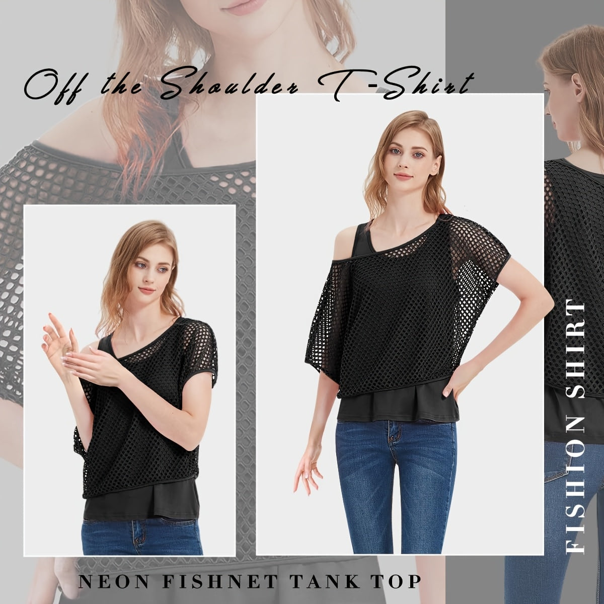 Two-Piece Set Women's Casual Sexy Neon '80s Vacation Tank Top + Fishnet Off-Shoulder T-Shirt