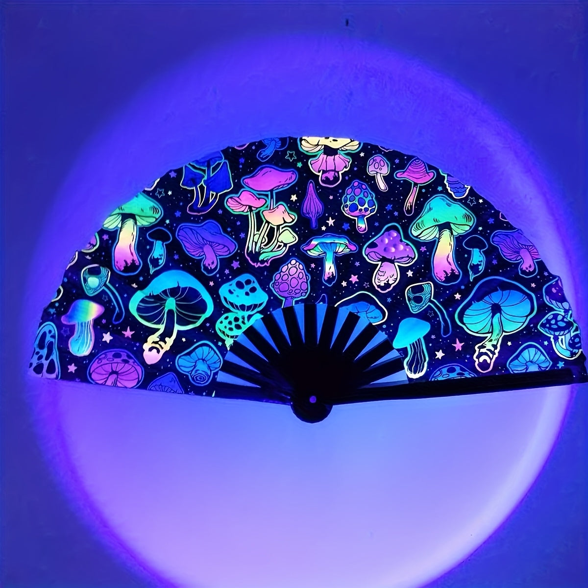 33.02cm UV Glow Carnival Folding Fan - Vibrant Neon Mushroom & Butterfly Design, Durable Plastic, Perfect for Parties, Festivals, and Gifts, Handheld & Button Operated, Festive Accessory | Glow Party Fan | Durable Plastic Fan