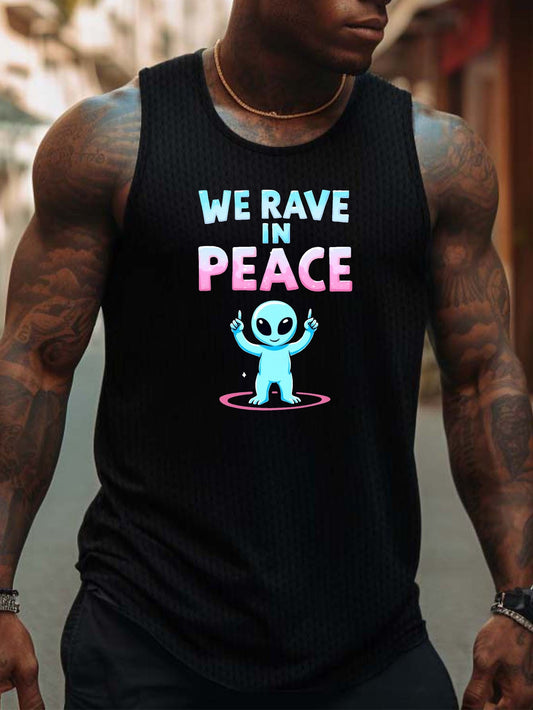Men'S "We Rave in Peace" Graphic Tank Top - Casual Sleeveless Athletic Shirt, Breathable & Comfy, Black with Blue & Pink Alien Design, Perfect for Summer, Alien Clothe