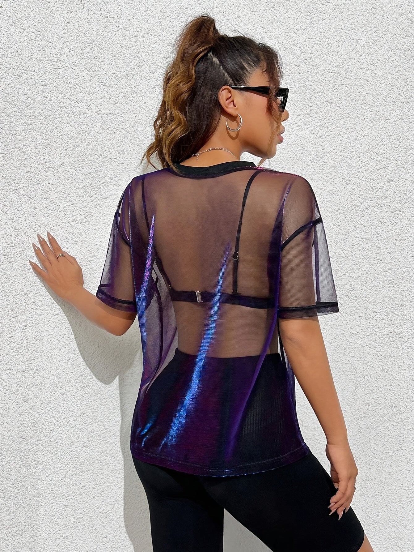 Women's Gradient Color Mesh Panel Summer T-Shirt - Elegant Loose Fit Round Neck Semi-Sheer Top for Casual & Evening Wear, Breathable Spring/Summer Fashion, Summer T Shirts, Spring Fashion, Stylish Semisheer, Elegant Mesh Desi