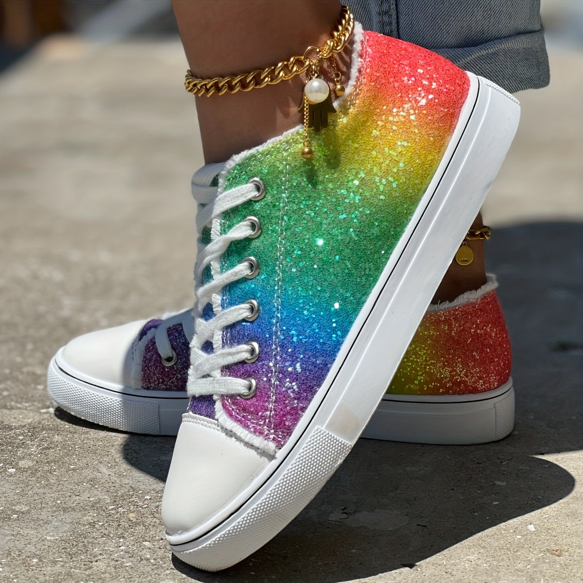 Exclusively Casual Shoes with Rainbow Elements and Blingbling Sequins for Pride Month