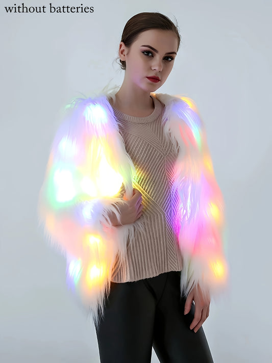 Elegant LED Faux Fur Coat for Women - Fashionable, Night-Lighting, Fall/Winter, Polyester, Non-Stretch, Solid Color, Regular Sleeve, Long Sleeve, No Belt, Pocket, Single Breasted Placket, Weekend Casual, Regular Fit, Adult, A