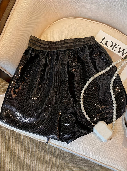 Women's Black Sequin Shorts with Elastic Drawstring Waist - Summer Sparkle Shorts for Casual & Formal Occasions, Non-Stretch Fabric, Hand Wash/Dry Clean