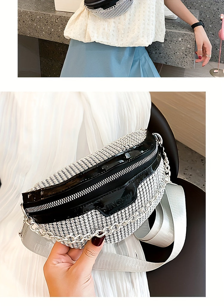 Shining Rhinestone Waist Bag, Bling-Bling belt bag for Women, Trendy Chain Decor Crossbody Chest Bag Bum Bag belt bag
