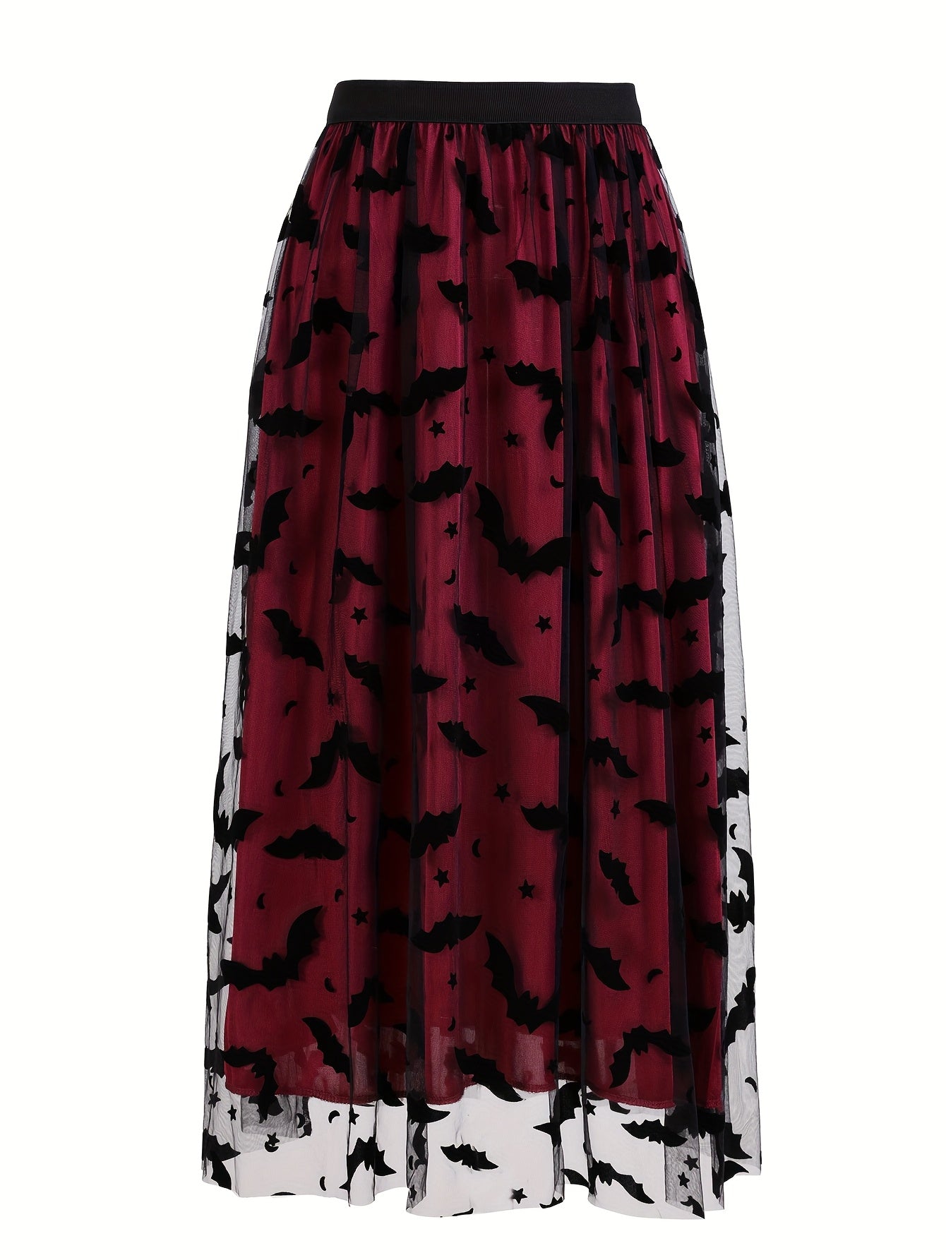 Plus Size - Elegant Plus Size Purple Tulle Skirt with Black Bat Print - Mid-Length, Flowy Design, Perfect for Casual or Formal Occasions, Formal Occasion Skirt | Bat Print Skirt | Polyester Fabric