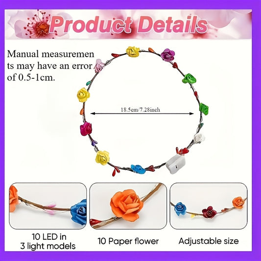 10pcs LED Flower Crown Headbands - Battery-Powered Multicolor Floral LED Lights for Weddings, Parties, Birthdays, Christmas, New Year - Lightweight PVC Party Accessories & Photo Props, Perfect Gift for All Occasions, Festive