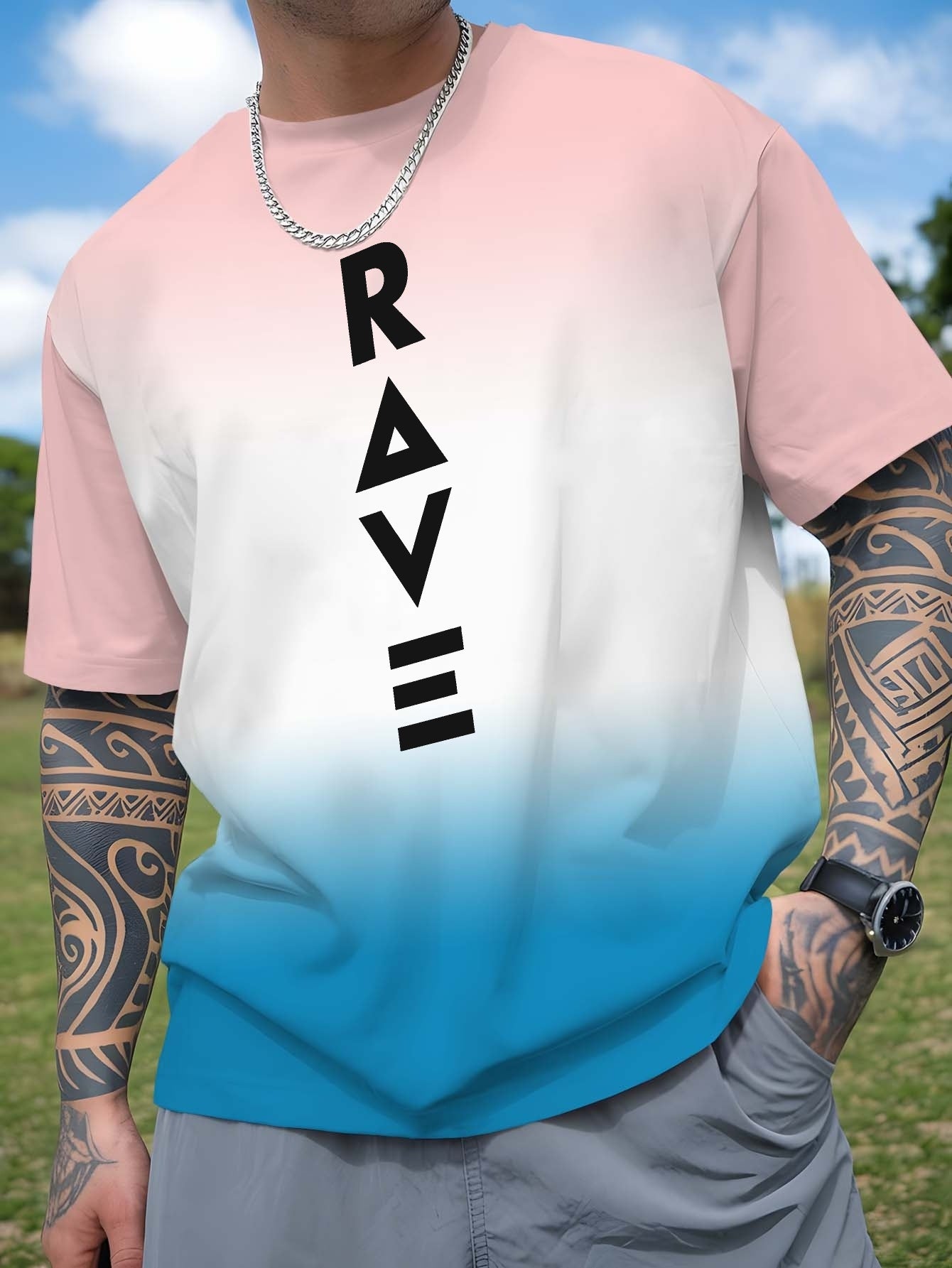 Men's Gradient Rave Graphic T-Shirt - Ice Silky Breathable, Quick-Dry, Round Neck, Short Sleeve, Casual Summer Tee in Vibrant Orange to Black Ombre Design