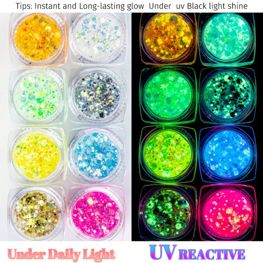 8 Colors Glow-in-the-Dark UV Gel Glitter - Quick Dry, Self-Adhesive Neon Face & Body Paint for St. Patrick's Day, Mardi Gras, Halloween, Raves & Festivals, Vibrant Blacklight Party Makeup Accessories, Festive Face Paint | Glo