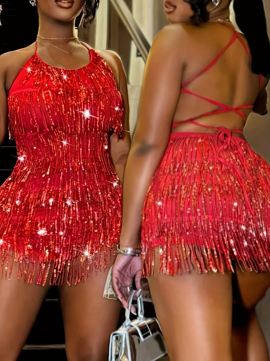 Women'S Sexy Off-Shoulder Backless Bodycon Jumpsuit with Tassel Detailing - Red Sequin & Beaded Strapless Party Dress for Latin Dance Performances, Festive Occasions & Nightclub Style, Dance Clothes, Festive Occasion Wear, Of