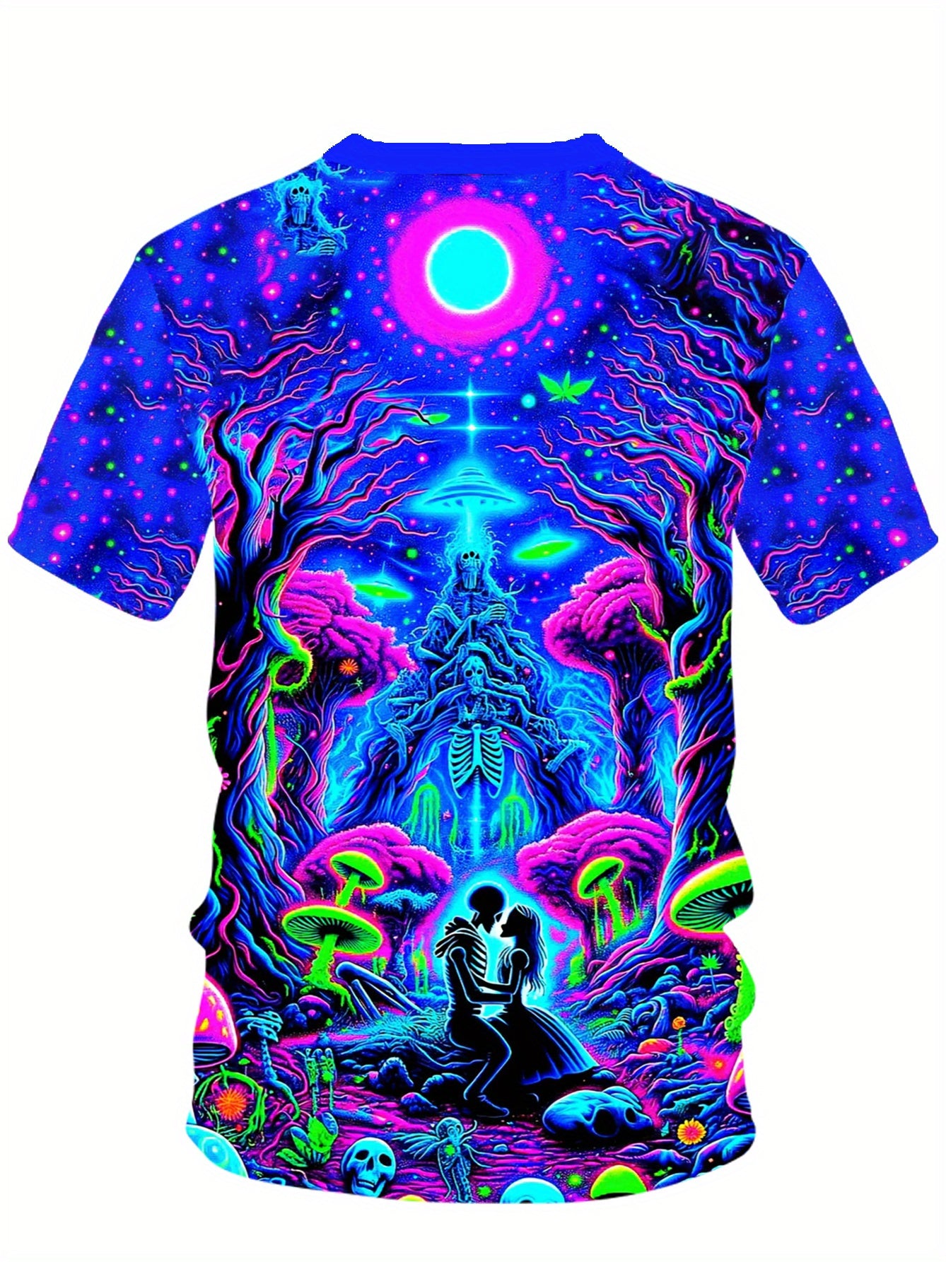 Men's 3D Printed Geometric Cosmic Scene Casual T-Shirt - Vibrant Neon Colors, Machine Washable Crew Neck Short Sleeve Top for Summer Outdoor Activities, Artistic Back Design