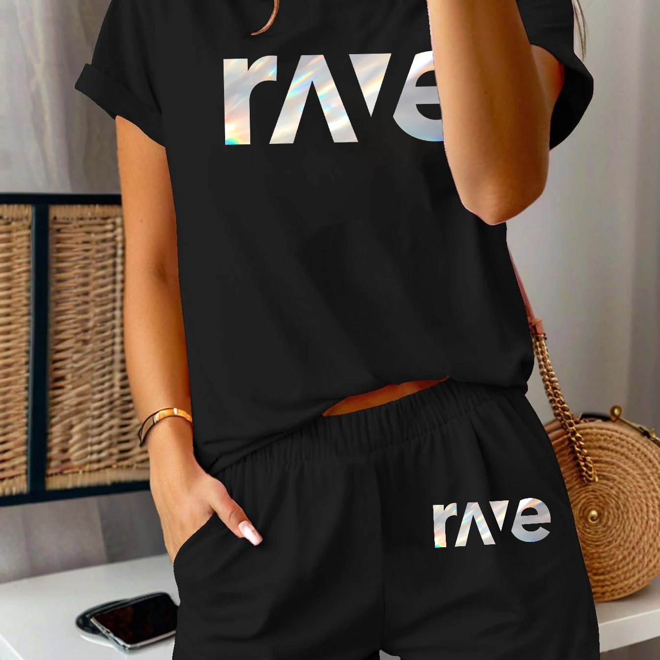 2pcs Women'S Casual Summer Outfit - Rave Graphic Print T-Shirt & Shorts Set, Light Green Polyester Blend, Round Neck, Short Sleeve, High-Waisted Shorts with Drawstring, Perfect for Casual Attire, High Waisted Shorts