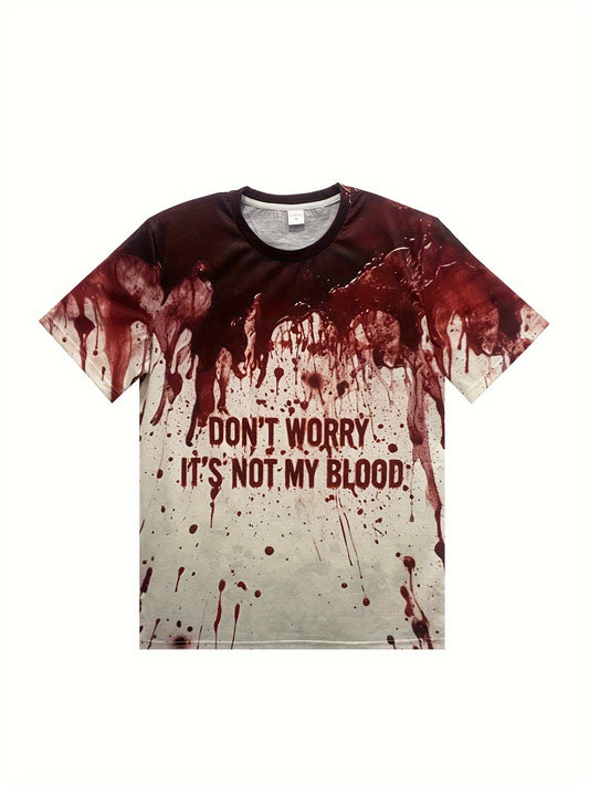 Men's Blood-Splatter Horror Graphic T-Shirt with 3D Blood Drip Effect & "I Don't Worry It's Not My Blood" Print - Breathable Polyester Round Neck Casual Tee for Horror Fans, Gothic Parties & Casual Attire - Machine Washable (