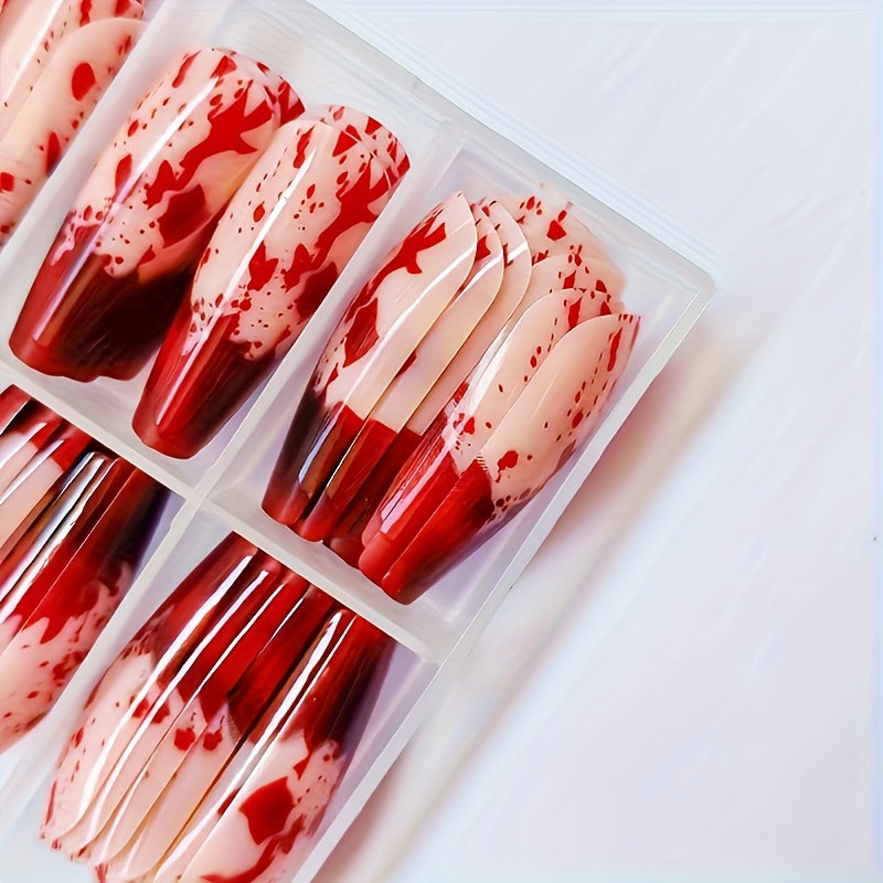 120pcs Blood Red Gothic Nail Extensions Kit - Long Full Set Press On Nails with Dripping Blood Effect, Glossy Fake Nails & Liquid Red Polish for Halloween, Parties, Casual Attire - Easy Application, Comfortable & Durable (120