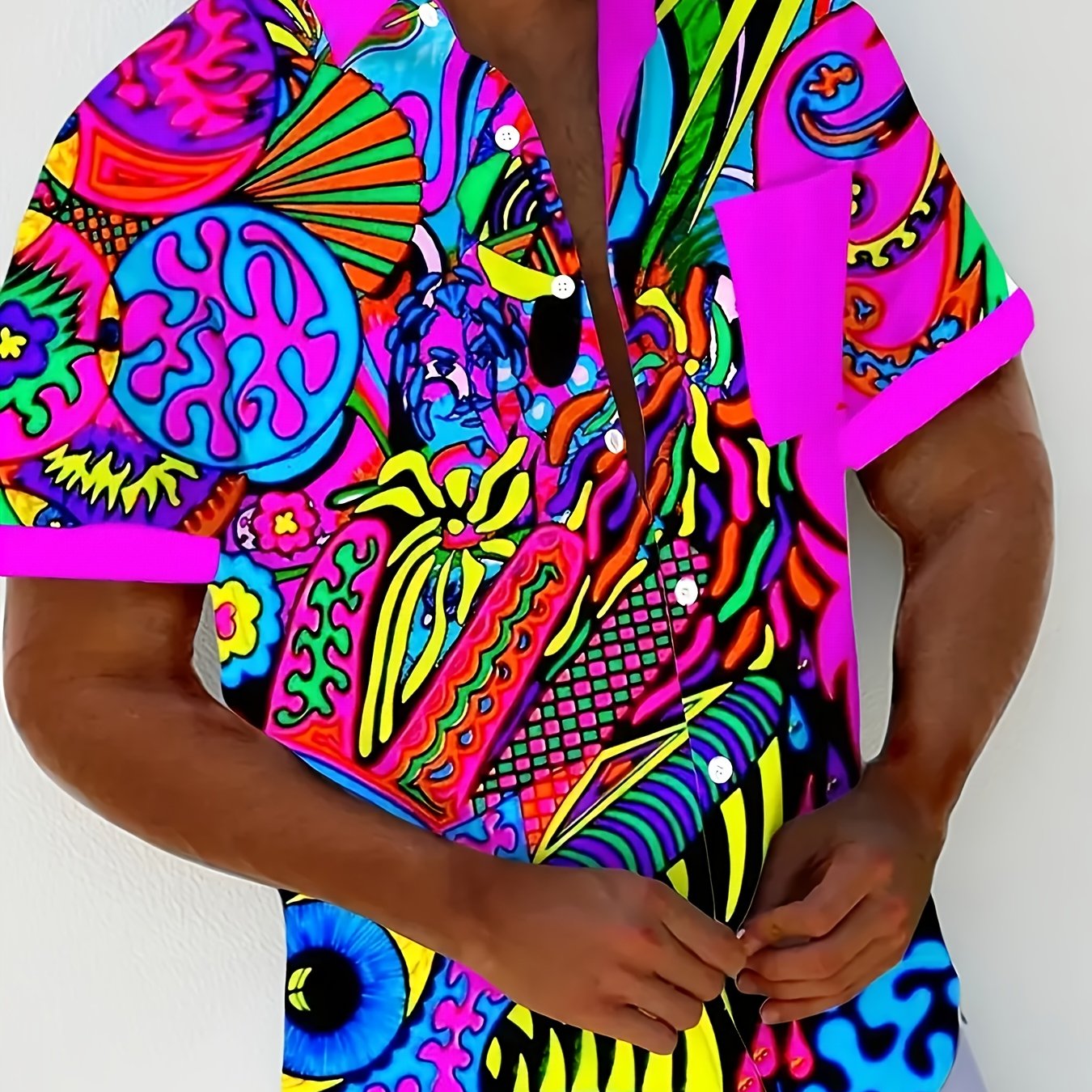 Men's Vintage Neon Abstract Shirt - Bold 3D Digital Print Button-Up Collar - Lightweight Polyester Formal & Casual Summer Shirt - Machine Washable Everyday & Evening Outfits, Smooth Texture Fabric