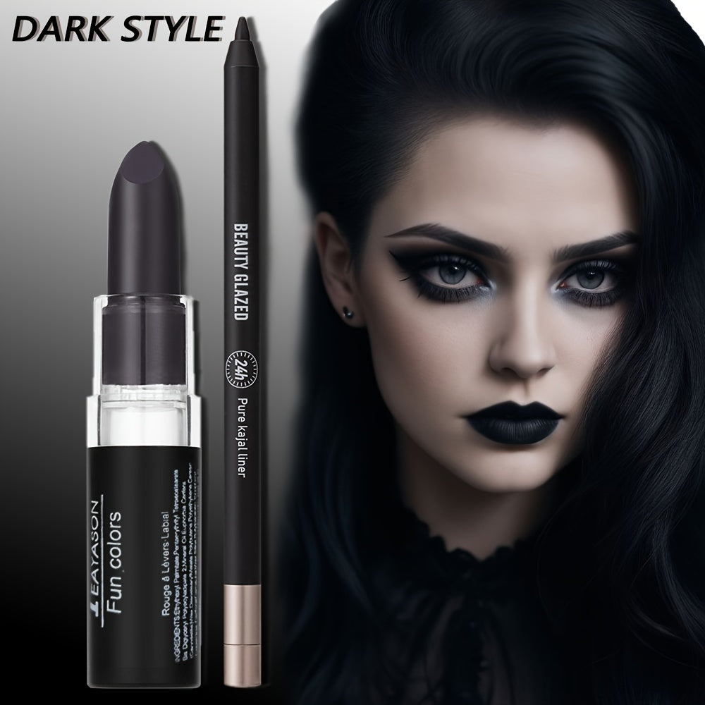 2pcs dark style makeup set, matte black lipstick with long-lasting waterproof eyeliner, black smoky eyeshadow, perfect for Halloween, create a weird and cute makeup, BEAUTY GLAZED