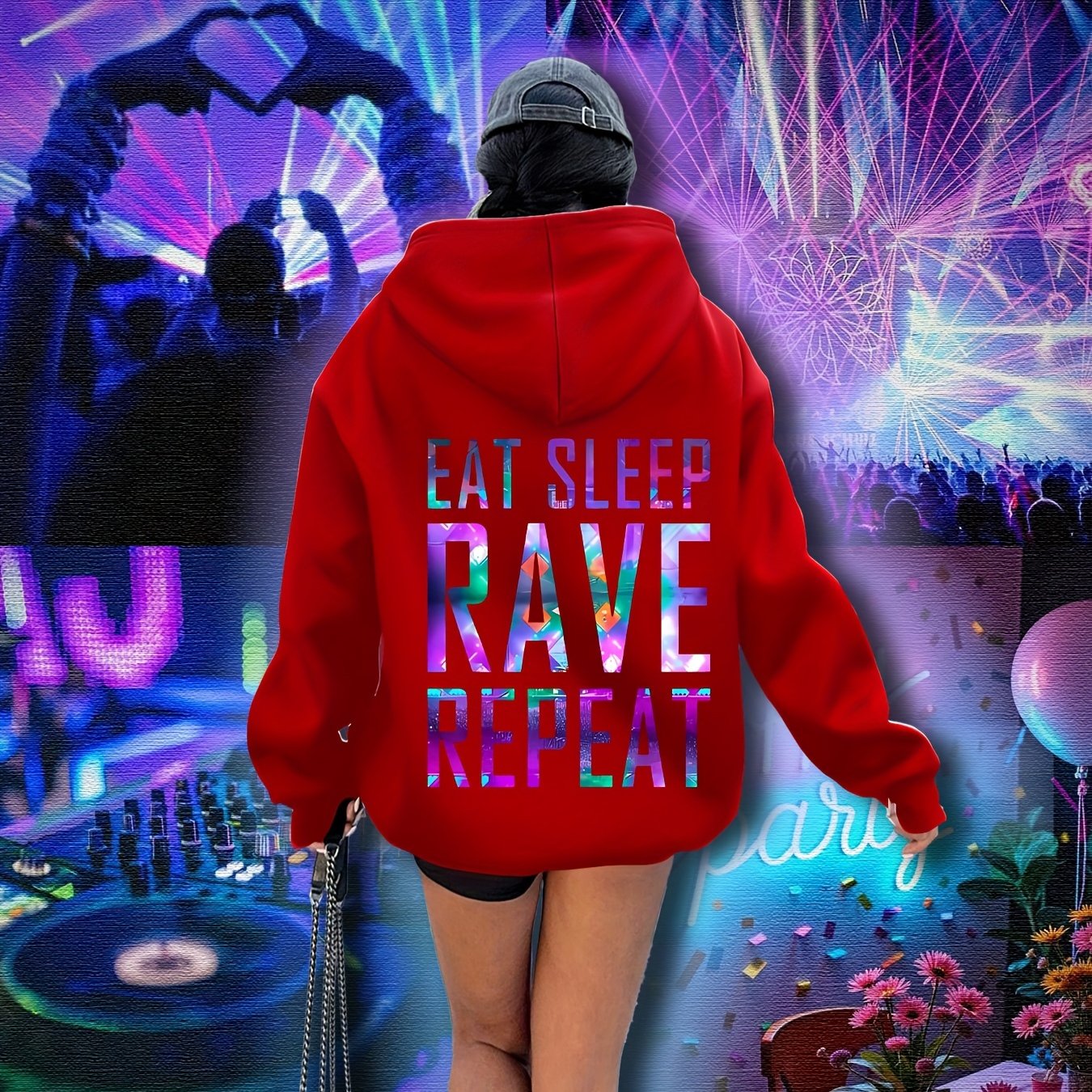 Plus Size, Women's Plus Size "EAT SLEEP RAVE REPEAT" Graphic Hoodie - Music Festival Print with Colorful Lights & DJ Design, Cozy Drawstring Hooded Sweatshirt for Winter & Autumn, Machine Washable Casual Pullover