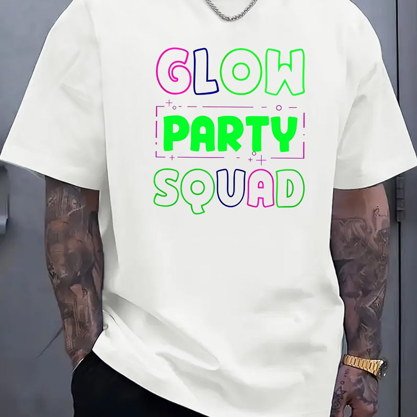 Glow Party Squad Men'S Casual Short Sleeve T-Shirt - Vibrant Neon Green & Orange Print, Breathable Knit Fabric, Round Neck Summer Top for Outdoor Activities & Casual Wear, Glossy Finish Shirt