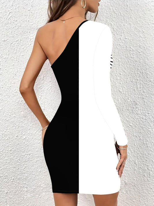 Women'S Elegant One-Shoulder party & Formal Dress - Black and White Skeleton, Bodycon Fit, All-Season Evening gown for Women, Halloween Party Outfit Everyday Chic Attire, Halloween Dress, Evening Wear, Skeleton Print, Stylish