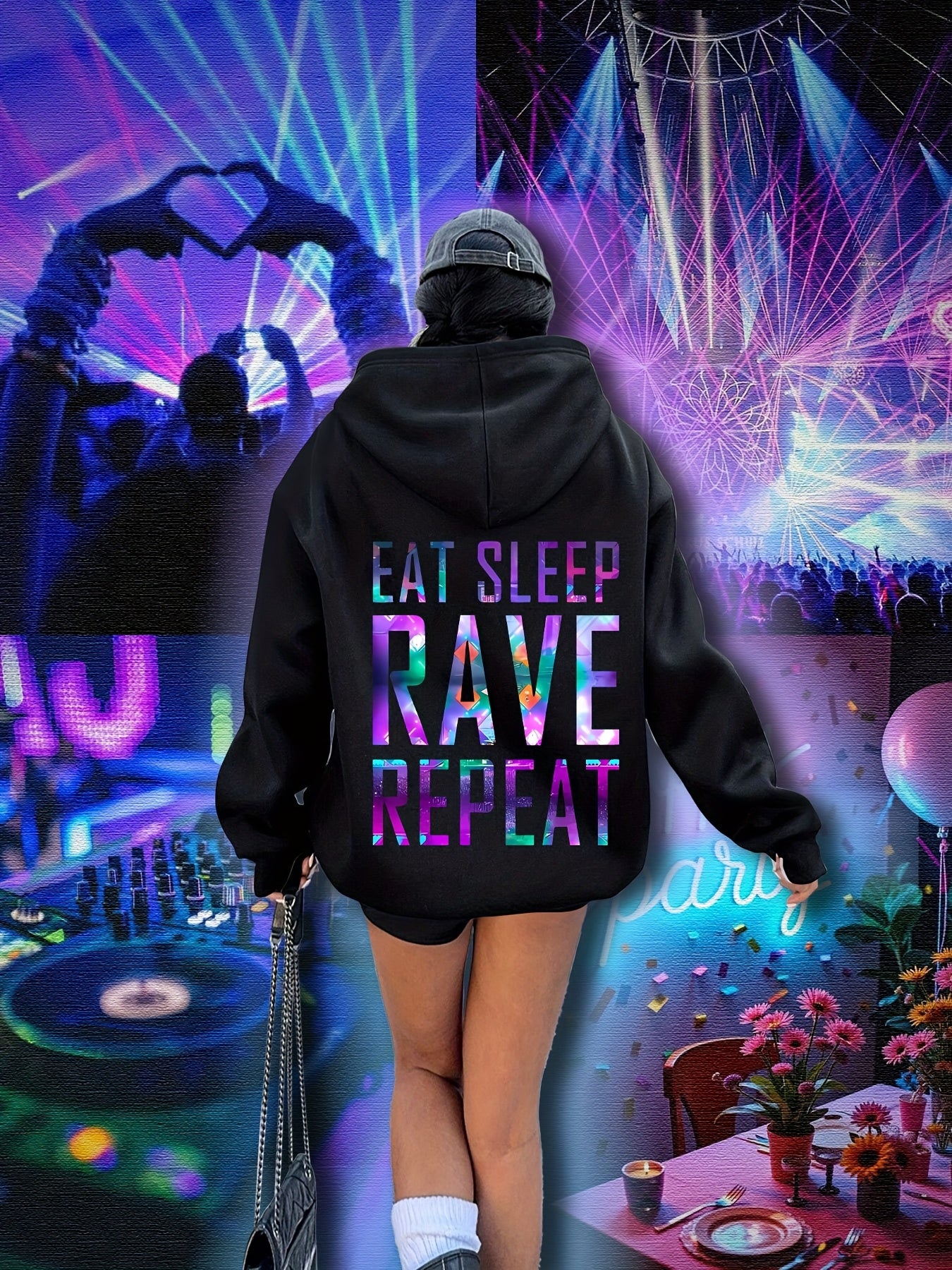 Plus Size, Women's Plus Size "EAT SLEEP RAVE REPEAT" Graphic Hoodie - Music Festival Print with Colorful Lights & DJ Design, Cozy Drawstring Hooded Sweatshirt for Winter & Autumn, Machine Washable Casual Pullover