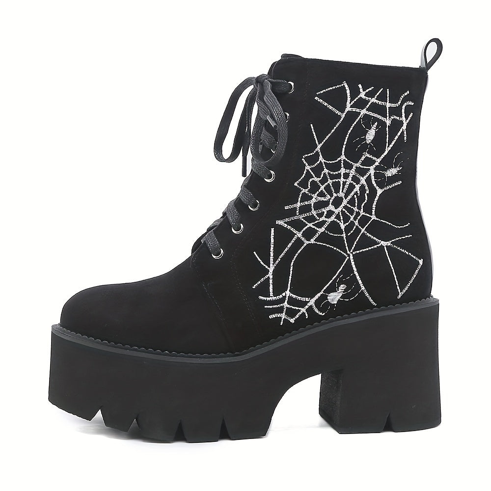 GDGYDH Women's Punk-Style Spiderweb Embroidered Ankle Boots with Chunky Heel, Lace-Up & Side Zipper - Comfortable All-Season Fashion Shoes