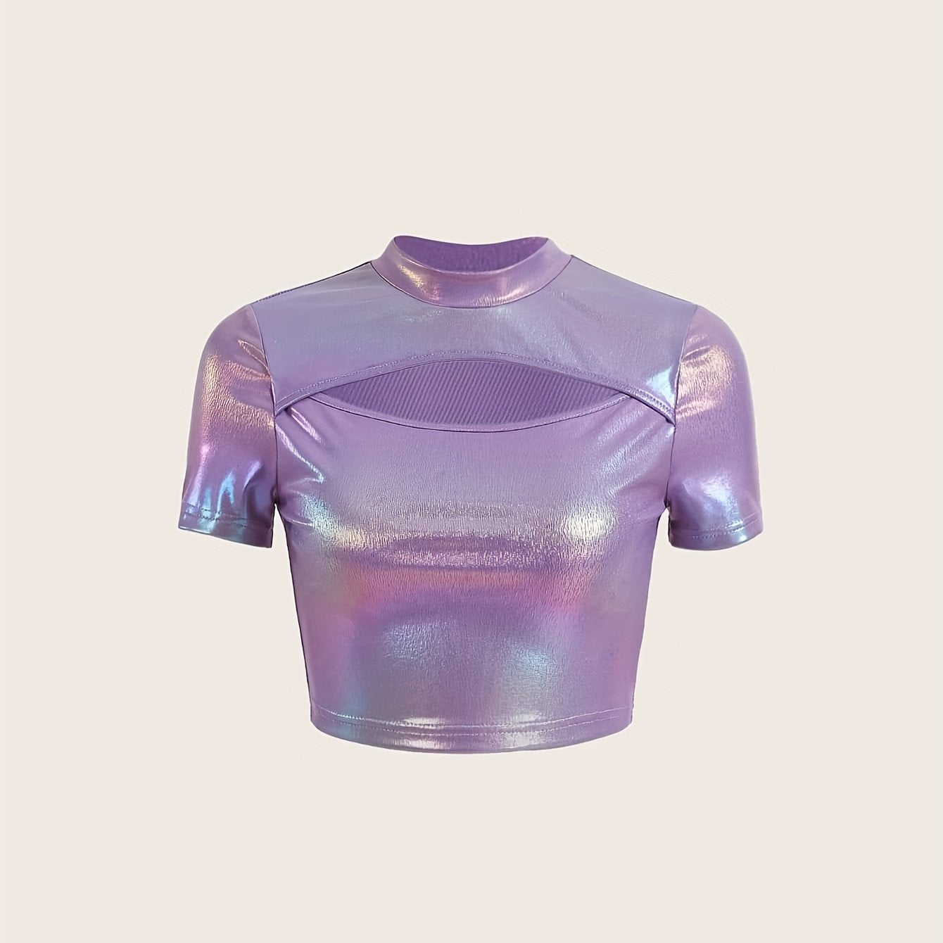 HG Women's Sexy Slim Fit Round Neck Short Sleeve T-Shirt - Hollow-Out Design, Shimmering Purple-Pink-Purple Gradient, Medium Stretch Fabric, All-Season Versatile Top, Evening Wear, Elegant Style, Glossy Finish, Casual Top, Br