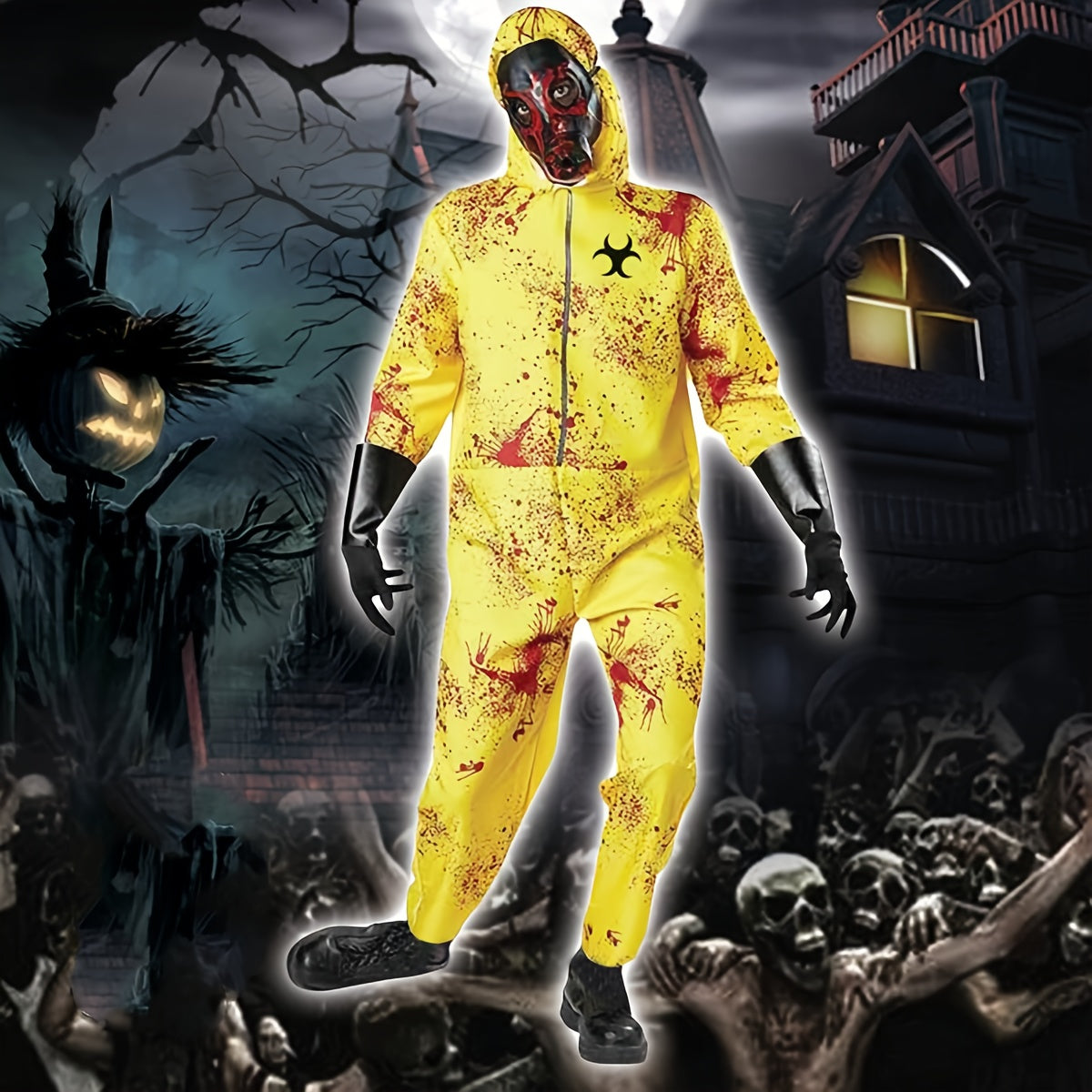 1 Set Full Zombie Costume with Gas Mask & Splatter Effects - Neon Yellow & Red Blood-Splattered Outfit, Hazmat Suit Design with Black Gloves - Easy-to-Wear Outfit for Halloween Costumes, Themed Parties & Horror Events (No Mas