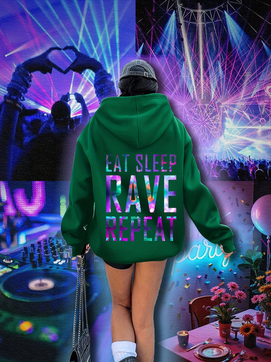 Plus Size, Women's Plus Size "EAT SLEEP RAVE REPEAT" Graphic Hoodie - Music Festival Print with Colorful Lights & DJ Design, Cozy Drawstring Hooded Sweatshirt for Winter & Autumn, Machine Washable Casual Pullover